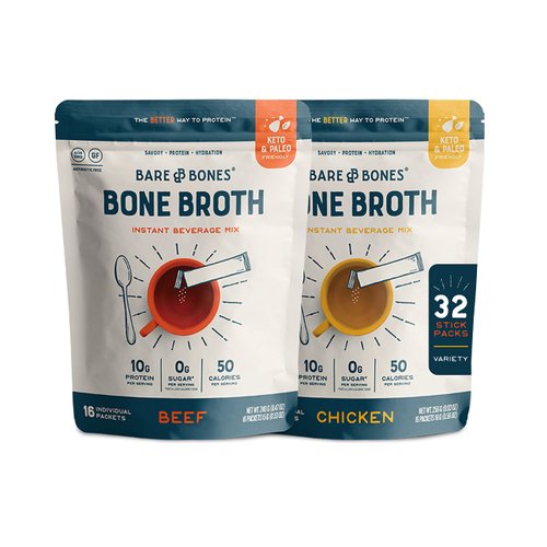 Bare Bones Bone Broth Instant Powdered Beverage Mix, Chicken & Beef, Variety Pack of 32, 16 Chicken & 16 Beef - 15g Sticks, 10g Protein, Keto & Paleo Friendly