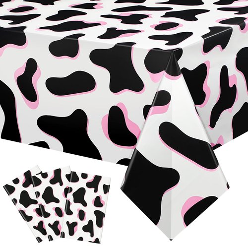 Tiamon 3 Pcs Pink Cow Print Tablecloth 108 x 54 Inch Cow Birthday Party Table Cloth Disposable Plastic Cow Print Table Cover for Disco Pink Cowgirl Birthday Decorations Supplies