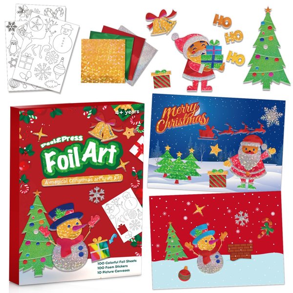Vloso Christmas Fun Foil Art Kit for Kids,No Mess Art Creative Activity Travel Art and Crafts for Kids,Christmas Gifts Crafts for Girls&Boys Ages 4, 5, 6, 7, 8, 9(Christmas)
