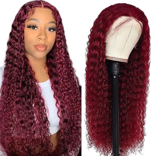 BOSDIOS 99J Burgundy Lace Front Wigs Human Hair 13x6 Deep Wave Lace Frontal Wig Human Hair for Black Women Red Water Curly Wave Wigs 180% Density Glueless Pre Plucked with Baby Hair(24inch)