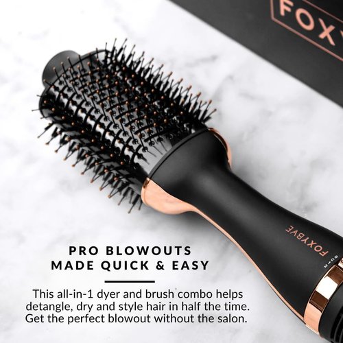 FoxyBae Blowout Hair Dryer Brush – All-in-One Hair Blow Dryer Brush with Ceramic Tourmaline - Hair Styler, Curler & Volumizer - Hot Air Hair Styling Round Brush Blow Dryer 60mm – [Black Rosegold]