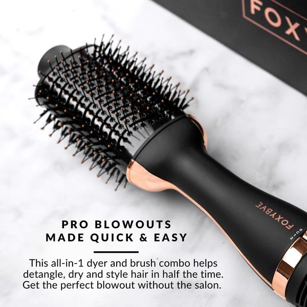 FoxyBae Blowout Hair Dryer Brush – All-in-One Hair Blow Dryer Brush with Ceramic Tourmaline - Hair Styler, Curler & Volumizer - Hot Air Hair Styling Round Brush Blow Dryer 60mm – [Black Rosegold]