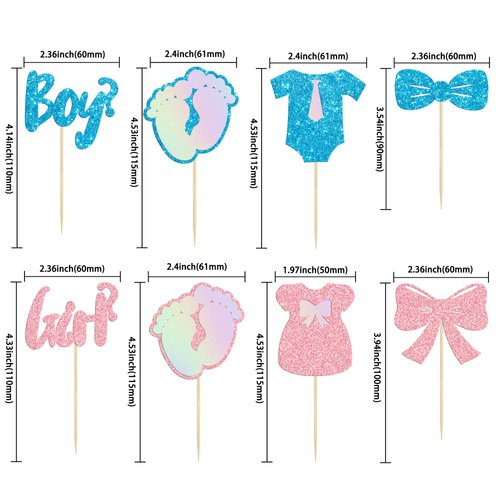 Gyufise 24 Pack Boy or Girl Cupcake Toppers Glitter Onesie Jumpsuit Footprint Bow Tie Cupcake Picks Baby Shower Kids Birthday Gender Reveal Party Cake Decorations Supplies