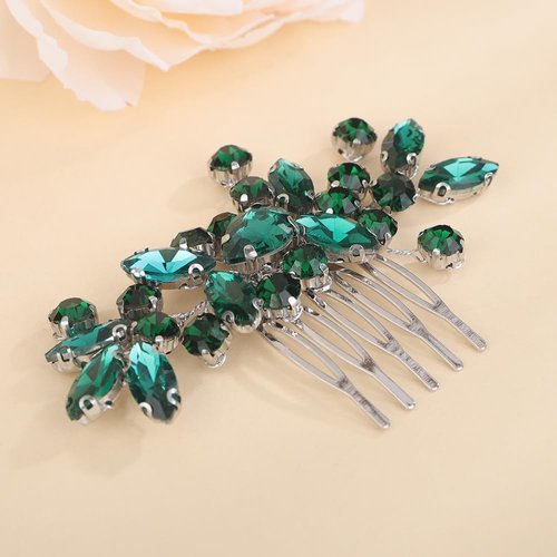 Rumtock Green Rhinestones Beads Silver Hair Comb for Wedding Brides Women Girls Sparkle Handmade Hair Jewelry Prom Banquet (Green)