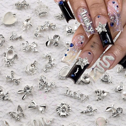 30pcs Luxury Zircon Nail Rhinestones Random Silver Nail Charms 3D Alloy Butterfly Nail Art Charms...