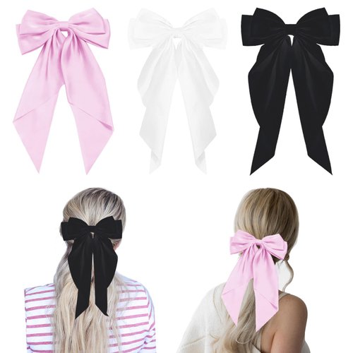 Hair Bows for Women and Girls - 3 Pieces Big Hair Ribbon Bows with Barrettes Hair Clips, Long Tail Hair Accessories Black/White/Pink Hair Bows Clips