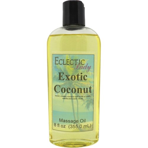 Exotic Coconut Massage Oil, 8 oz, With Sweet Almond Oil and Jojoba Oil, Preservative Free, Perfect for Aromatherapy and Relaxation
