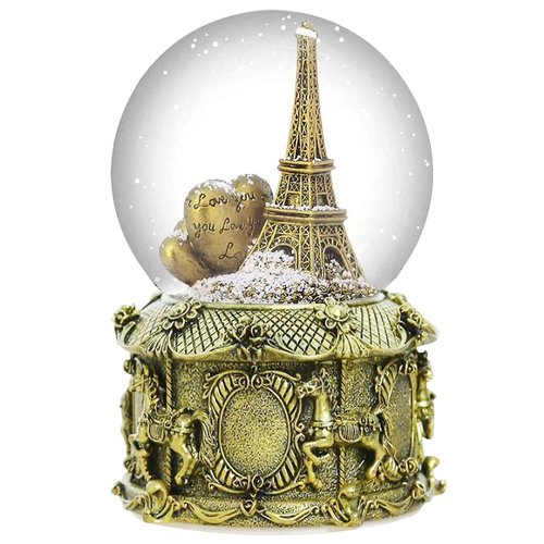 DELIWAY Eiffel Tower Snow Globe Plays 8 Classic Tunes, 100mm Music Snowglobes Carousel Horses Base Hand-Painted Collectible Gifts for Birthday Christmas