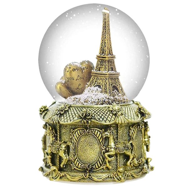 DELIWAY Eiffel Tower Snow Globe Plays 8 Classic Tunes, 100mm Music Snowglobes Carousel Horses Base Hand-Painted Collectible Gifts for Birthday Christmas