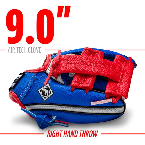 Franklin Sports Kids Baseball Glove + Ball Set - Air Tech Youth Teeball Glove - Boys + Girls Children's Glove + Ball - Right Hand Throw - Blue, Red and Silver, 9"