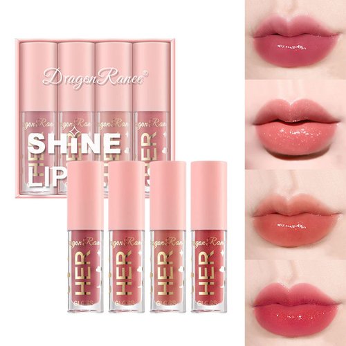 4Pcs Shimmer Lip Gloss Set Plumping Liquid Nude Lipstick Set Moisturizing Lip Stain Long Lasting Waterproof Non-Stick Cup Not-Fade Shiny Lip Gloss Set for Women Glitter Lip Makeup Kit - Set A