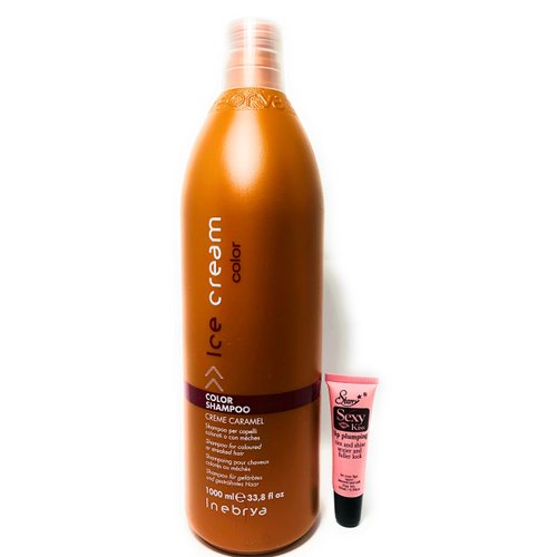 Inebrya Ice Cream Color Shampoo Creme Caramel 33.8 Oz and Ice Cream Color Mask Tutti Frutti 33.8 Oz * Free Starry Lip Plumping Gloss 10ml