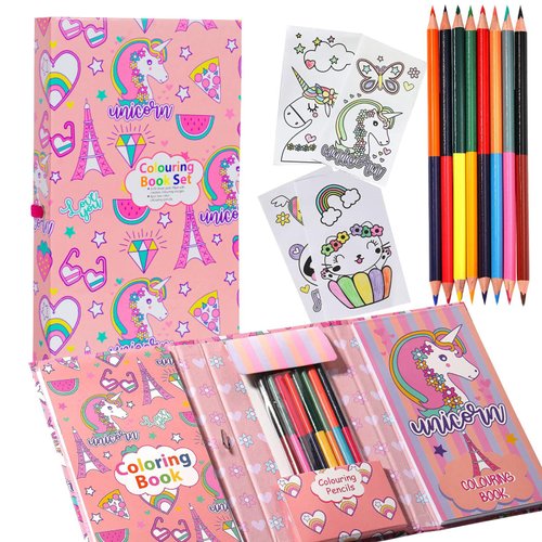 Unicorn Coloring Book Set with Coloring Pages & Colored Pencils, Art Supplies for Kids Ages 4-6-8, Arts Crafts Travel Coloring Kit for Girls 4 5 6 7 8 Year Old Christmas Birthday Gift