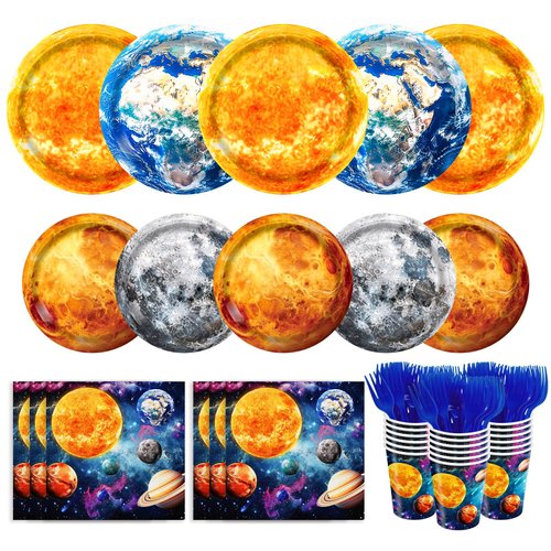 AGoooodySet 150pcs Outer Space Party Plates Napkins Space Birthday Party Supplies Planet Solar System Galaxy Outer Space Dinner Tableware for Boy Birthday Party Serve 30 Guests