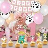 Hungdao 58 Pcs Farm Animals Birthday Party Decorations Pink Barnyard Farm Animal Party Supplies Include Cow Print Balloons, Farm Animal Cupcake Toppers, Happy Birthday Banner for Kids Girl Baby Shower