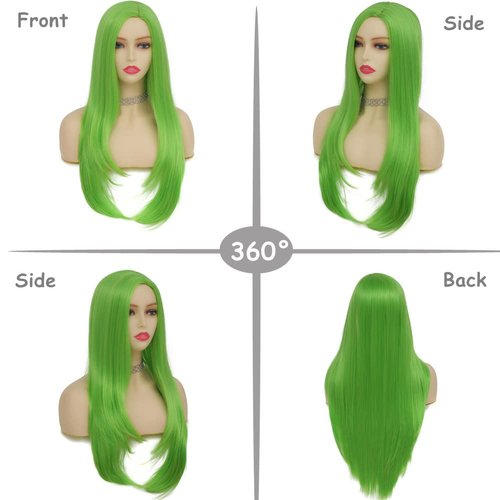 Tseses Fluorescent Green Long Straight Wigs for Women with Side Bangs Natural Halloween Party Hair Heat Resistant Synthetic Wig for Cosplay Party