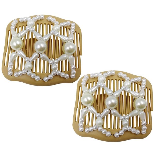 2 Pieces Hair Comb Hair Clip Bead Stretchy Hair Comb Double Wooden Hair Comb Clip Double Pearls Hair Comb Hairpin Stretch Double Hair Side Combs Hair Accessories, Style 3