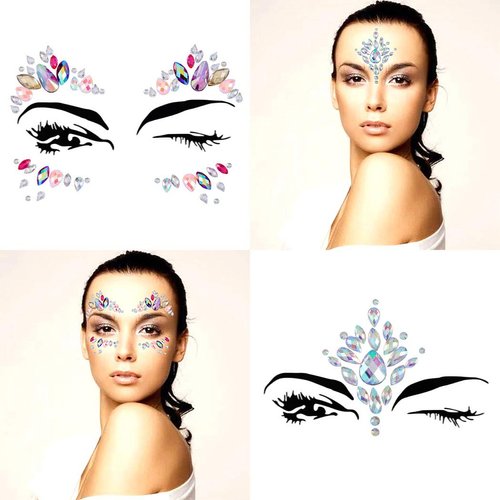 Chicque Rhinestone Face Jewels Festival Face Gems Glitter Stickers Rave Stick on Halloween Mermaid Face Tattoos Party for Women and Girls 2PCS