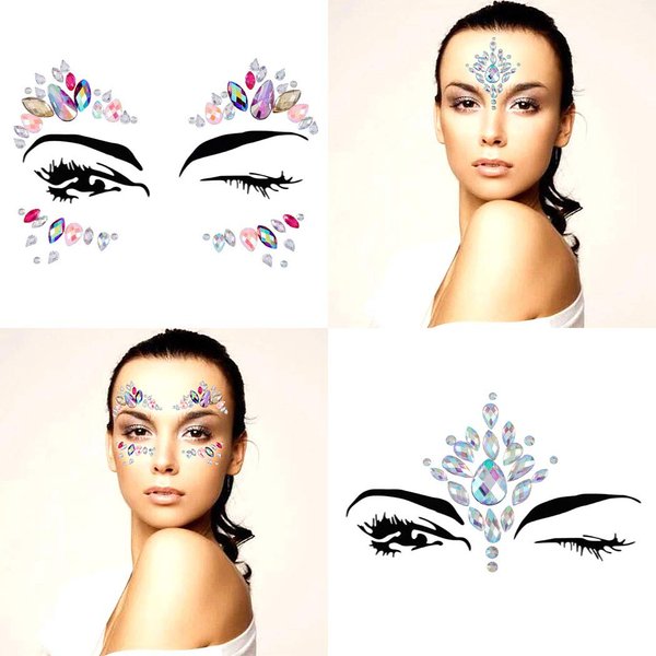 Chicque Rhinestone Face Jewels Festival Face Gems Glitter Stickers Rave Stick on Halloween Mermaid Face Tattoos Party for Women and Girls 2PCS