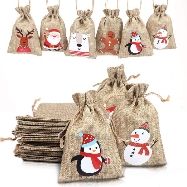 STEFORD Christmas Burlap Drawstring Gift Bags,24 PCS Christmas Jute Linen Burlap Gift Treat Candy Bags for Xmas Party Favors Supplies