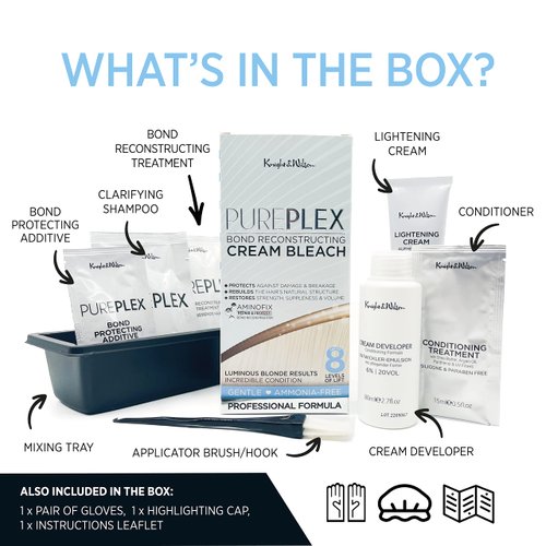 Knight & Wilson PurePlex Cream Hair Bleach. Powder Free. Bond Reconstructing. Up to 8 of Lift, Protects & Repairs during Lightening. Complete bleaching kit with tint bowl and brush. Ammonia Free.