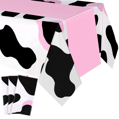 Preboun 3 Pieces Pink Cow Tablecloth Plastic Table Runner Cow Table Cover Disposable Farm Animal Cowboy Tablecloth Rectangle Cow Themed Table Cover for Baby Birthday Cow Party Supplies(Pink)