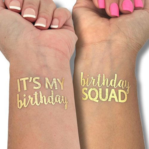 Tats4now / Birthday party temporary tattoos/Gold Metallic temporary tattoos/Birthday Party decorations/Gold party favors/Birthday Gift for her/Birthday squad