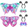 D.Q.Z 6 Pcs Girls Fairy Butterfly Wings for Kids Halloween Costumes with Antenna Headband Mask Party Favors (Purple-Green)