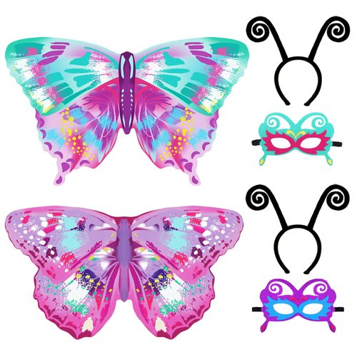 D.Q.Z 6 Pcs Girls Fairy Butterfly Wings for Kids Halloween Costumes with Antenna Headband Mask Party Favors (Purple-Green)