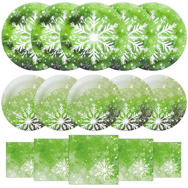 YY 150 Christmas Paper Plates and Napkins Set Green Snowflake 9in Dinner Plates, 13in Paper Napkins, 7in Dessert Plates Disposable Dinnerware Watercolor Snow Crystal Christmas Party Supplies