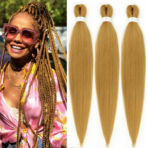 27 Honey Blonde Braiding Hair Pre stretched 30 Inch 3 Packs Kanekalon Pre-stretched Braiding Hair EZ Braid Yaki Texture Synthetic Hair Extensions for Crochet Box Braids