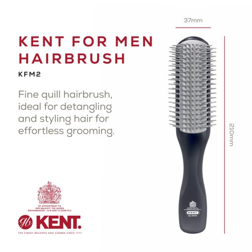 Kent KFM2 Gel Styling Hair Brush for Men - 9 Row Mens Hair Brush with Ionic Anti Static Bristles Great for a Daily Mens Styling Brush - Kent Brush Detangling and Smoothing Long or Thick Hair
