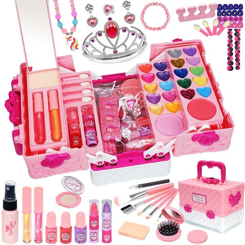 Kids Makeup Kit for Girl - 57 PCS Safe and Washable Makeup for Kids, Real Girls Makeup Kit, Toddler Makeup Kit with Cosmetic Case, Girls Toys Age 4-12, Princess Toys for Girls (Pink)