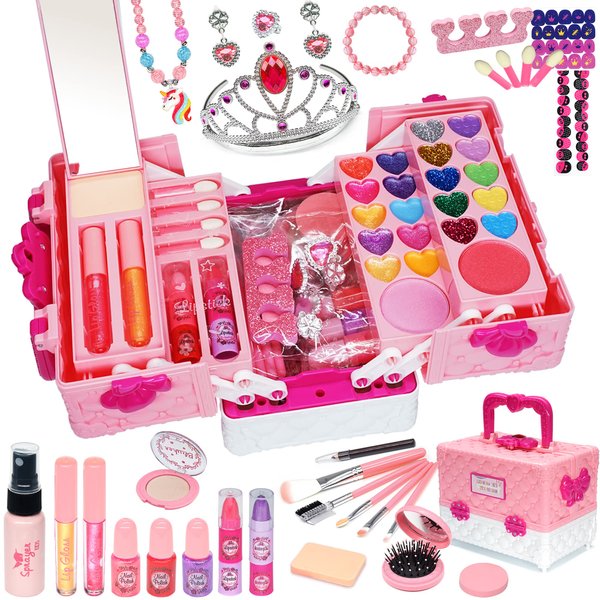 Kids Makeup Kit for Girl - 57 PCS Safe and Washable Makeup for Kids, Real Girls Makeup Kit, Toddler Makeup Kit with Cosmetic Case, Girls Toys Age 4-12, Princess Toys for Girls (Pink)