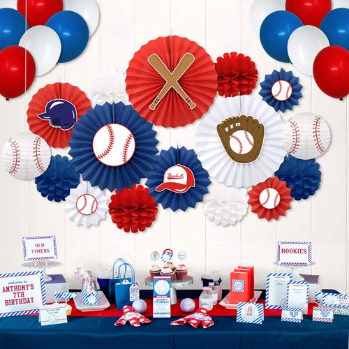 Baseball Party Decorations Kit Baseball Cutouts Paper Fans Backdrop Paper Honeycomb Balls Lanterns Balloons for Sports Theme Birthday Party Decorations