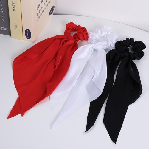 Hair Scarf Bow for Women Girls Thick Thin Fine Hair Accessories Silky Satin Ribbon Knotted Bow Hair Scrunchies Ties Elastic Bands (Black,White,Red)
