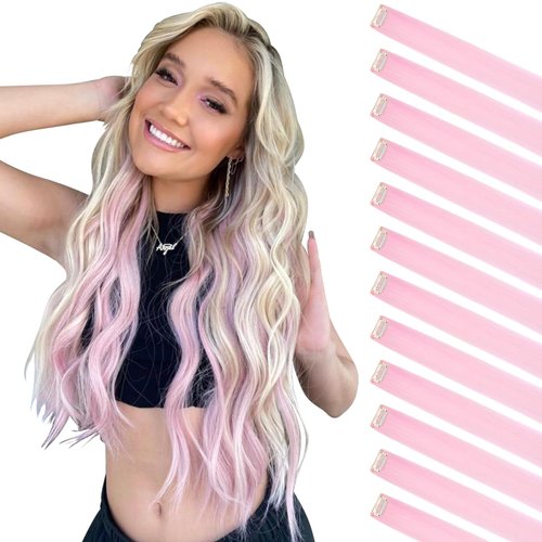 Felendy Colored Hair Extensions, 12 Pcs Light Pink Clip in Hair Extensions Highlight Colorful Str...