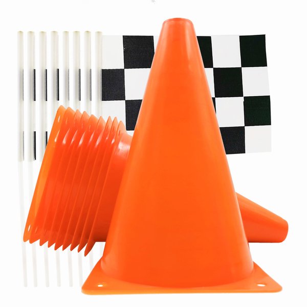 YOELVN 7inch Orange Racing Traffic Cones Party Decoration with Racing Checkered Flags,11inch Safety Sport Training Plastic Cones with Racing Flags,Race Car Birthday Party Supplies,Racing Themed Party