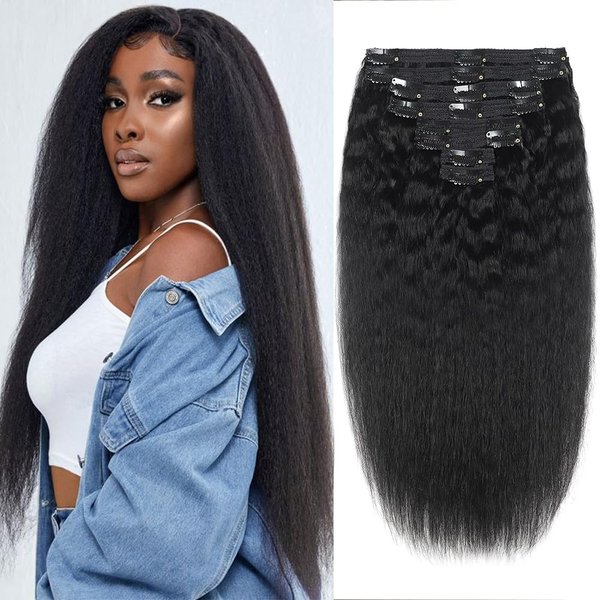 Brazilian Virgin Kinky Straight Clip in Human Hair Extensions 8Pcs/lot 120g With 18 Clips Yaki Straight Clip in Hair Extension Real Human Hair Natural Black Color For Black Women (18Inch)