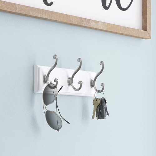 LIBERTY 129854 Wall Mounted Coat Rack with 3 Decorative Hooks, 10-Inch, Satin Nickel and White