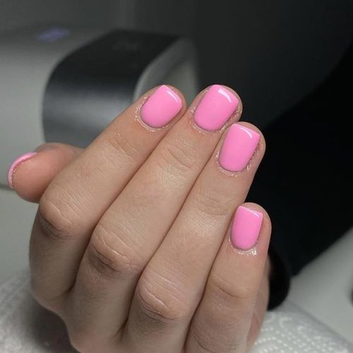 Short Press on Nails, Pink Glossy Gel Square Acrylic Fake Nails, Pure Color Supremely Natural Fit Reusable Glue/Stick On Nails for Women Nail Art Kit, 12Sizes 24pcs, Hot Pink