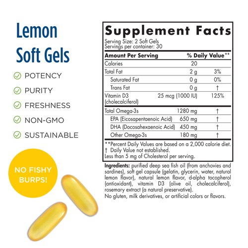 Nordic Naturals ProOmega-D, Lemon Flavor - 60 Soft Gels - 1280 mg Omega-3 + 1000 IU D3 - High-Potency Fish Oil - EPA & DHA - Brain, Eye, Heart, Joint, & Immune Health - Non-GMO - 30 Servings