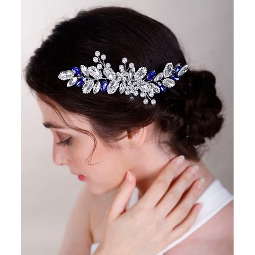 Chargances Blue Crystal Bride Wedding Hair Comb Pearl Rhinestone Sapphire Hairpins Gift for Women and Girls (Silver)