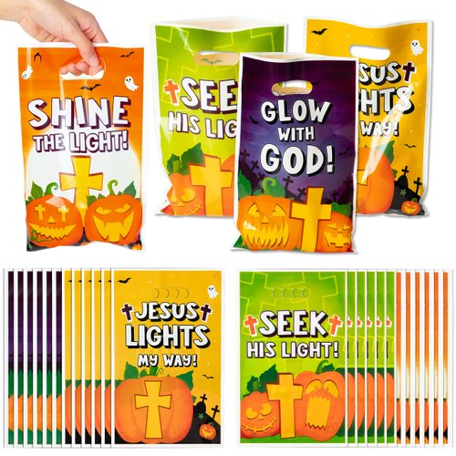 ArianQicult 72Pcs Christian Pumpkin Party Favor Bags Pumpkin Sweet Goody Candy Treat Bag Halloween Jesus Party Decorations Plastic Gifts Bags Birthday Snack Bags for Kids Birthday Party Bag Supplies