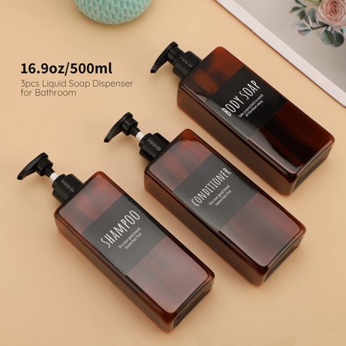 16.9oz Shampoo Bottles, Segbeauty 3pcs 500ml Pump Press Shower Containers with Labels, Empty Refillable Shampoo Body Soap Conditioner Shower Gel Plastic Bathroom Press Lotion Dispenser Amber