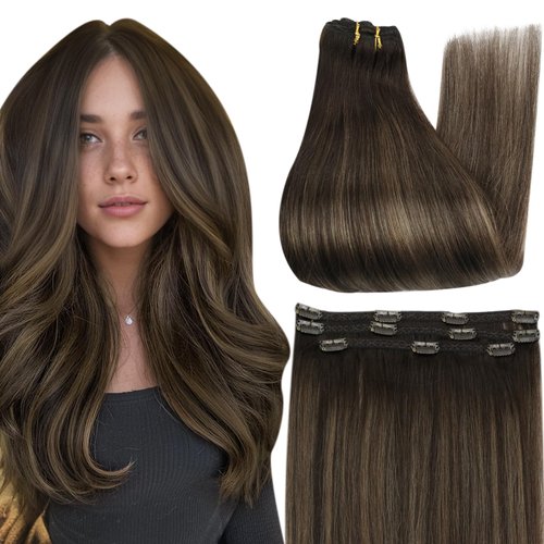 Full Shine Dark Brown Clip in Hair Extensions Balayage Dark Brown to Brown With Ash Brown Clip in Real Hair for Thin Hair Invisible Clip in Extensions Double Weft 3Pcs/60G 16 Inch