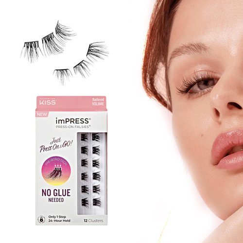 KISS imPRESS False Eyelashes, Lash Clusters, Falsies, Lavish Volume', 12mm-14mm, Includes 12 pieces of pre-bonded lashes, Contact Lens Friendly, Easy to Apply, Reusable Strip Lashes