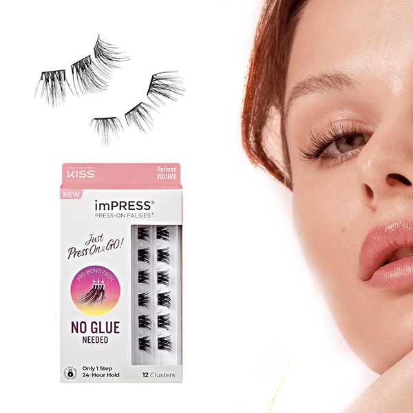 KISS imPRESS False Eyelashes, Lash Clusters, Falsies, Lavish Volume', 12mm-14mm, Includes 12 pieces of pre-bonded lashes, Contact Lens Friendly, Easy to Apply, Reusable Strip Lashes