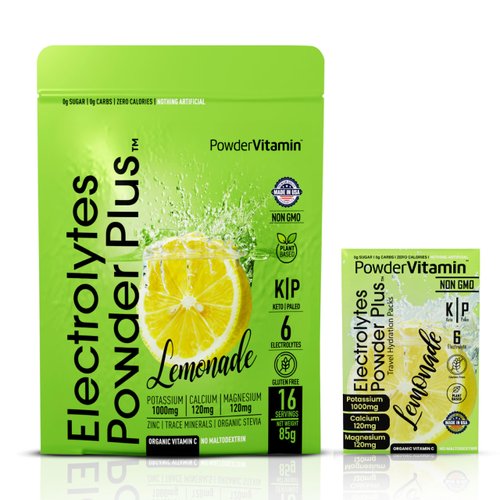 PowderVitamin Electrolytes Powder Plus, Keto, Lemonade, Sugar Free, Pink Himalayan Salt, 1000mg Potassium, 120mg Calcium, 120mg Magnesium, Non-GMO, Zero Calories, (16 Hydration Packets)