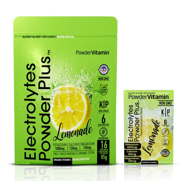 PowderVitamin Electrolytes Powder Plus, Keto, Lemonade, Sugar Free, Pink Himalayan Salt, 1000mg Potassium, 120mg Calcium, 120mg Magnesium, Non-GMO, Zero Calories, (16 Hydration Packets)